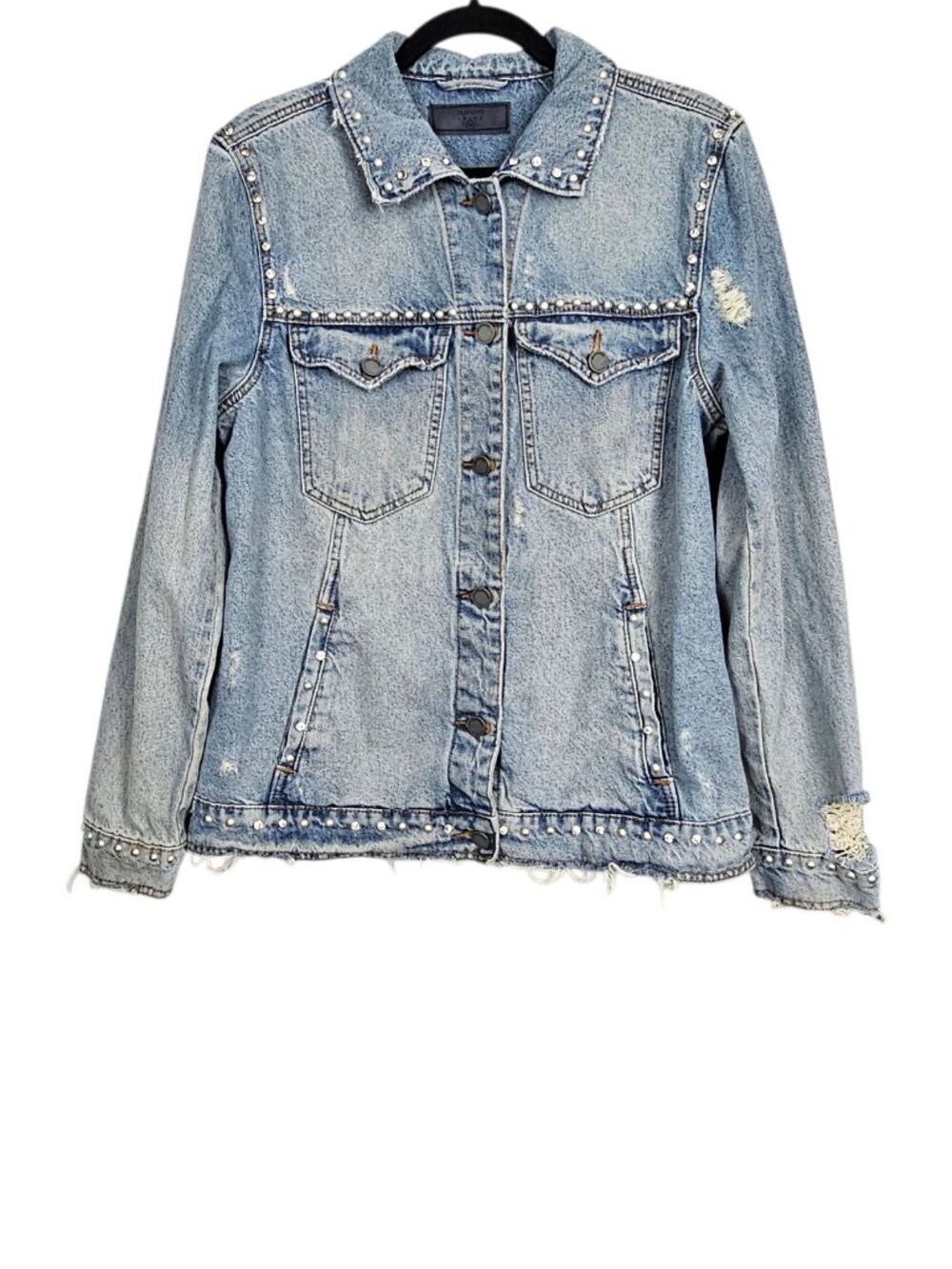 Blank NYC Distressed Studded Denim Raw Hem Moto Jean Trucker Jacket Blue Size M